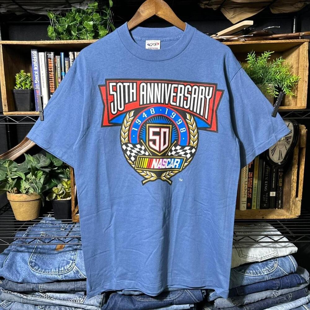 Vintage 90s Single Stitch NASCAR 50th Anniversary Tee Blur Racing Shirt Large